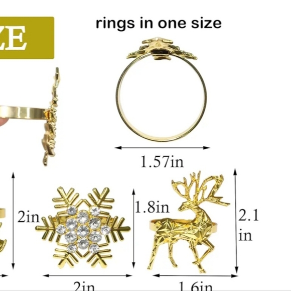 Christmas Napkin Rings Set of 4, Gold Tone Deer Snowflake Napkin Holder - Picture 3 of 3